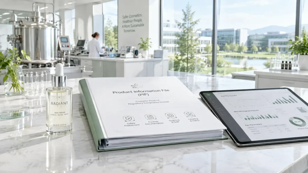 Product Information File PIF dossier and skincare serum bottle in an ISO 22716 cleanroom lab for EU cosmetic compliance.
