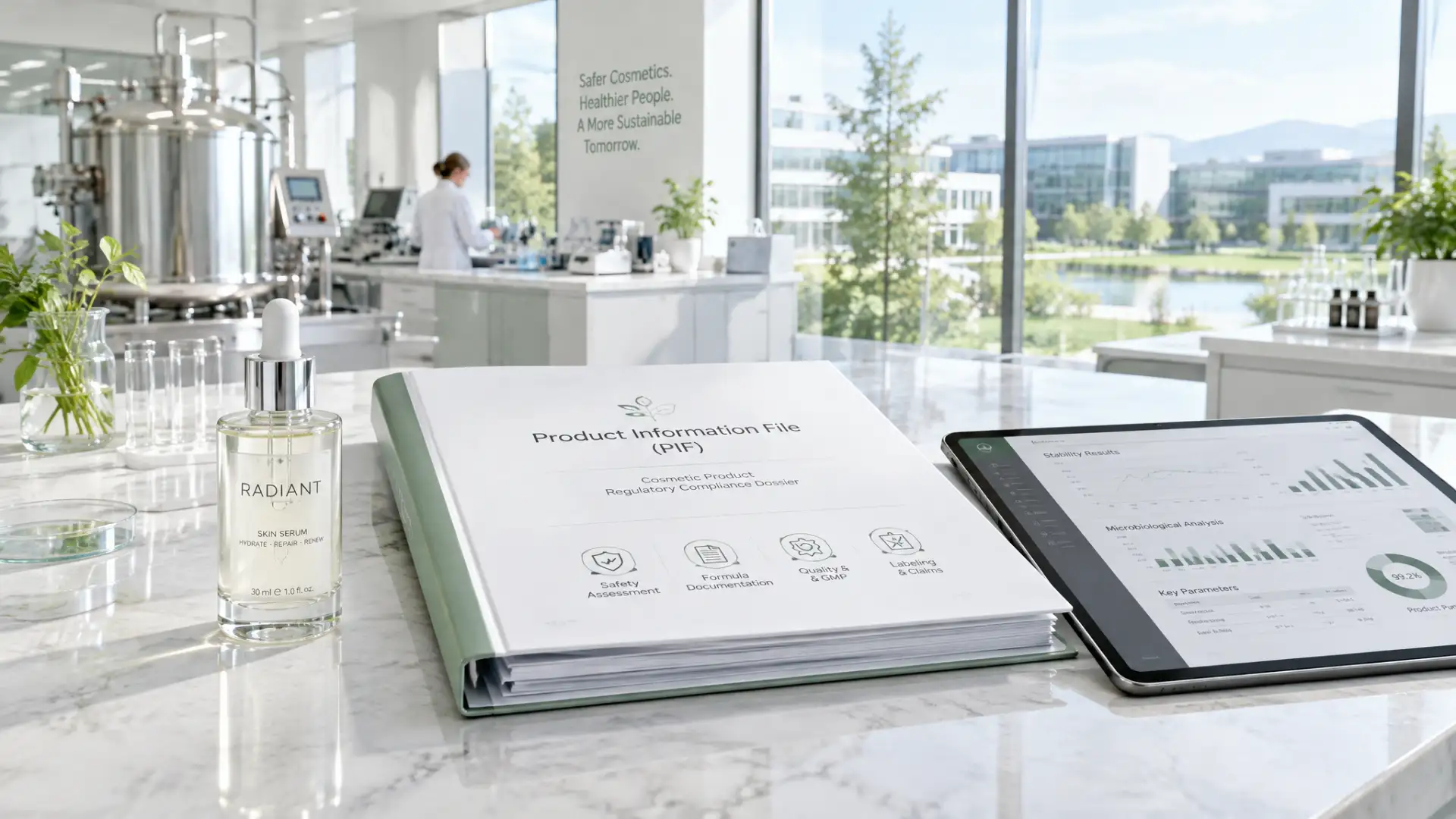 Product Information File PIF dossier and skincare serum bottle in an ISO 22716 cleanroom lab for EU cosmetic compliance.