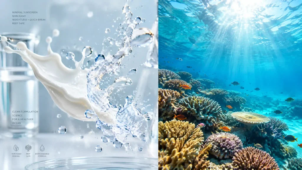 A split-screen visual for ocean-friendly SPF 50+ sunscreen, showing a dynamic white lotion-to-water splash on the left representing scientific weightless "quick-break" formula, and a sunlit, healthy tropical coral reef with fish on the right representing reef-safe environmental compliance.