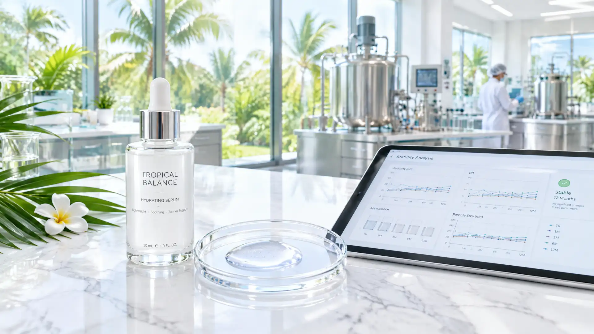 Tropically-tailored skincare serum and stability analysis tablet in an ISO 22716 lab overlooking tropical scenery.